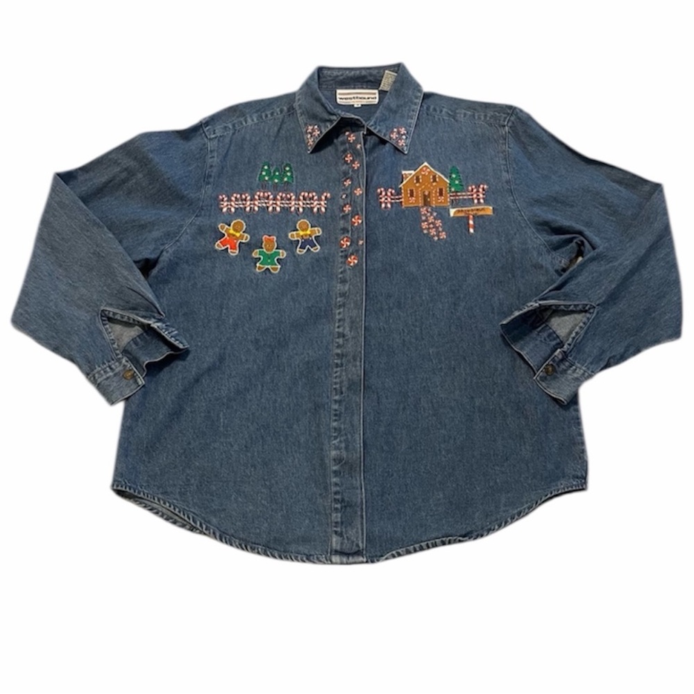 Westbound Women’s‎ Long Sleeve Denim Christmas Gingerbread Beaded Holiday M